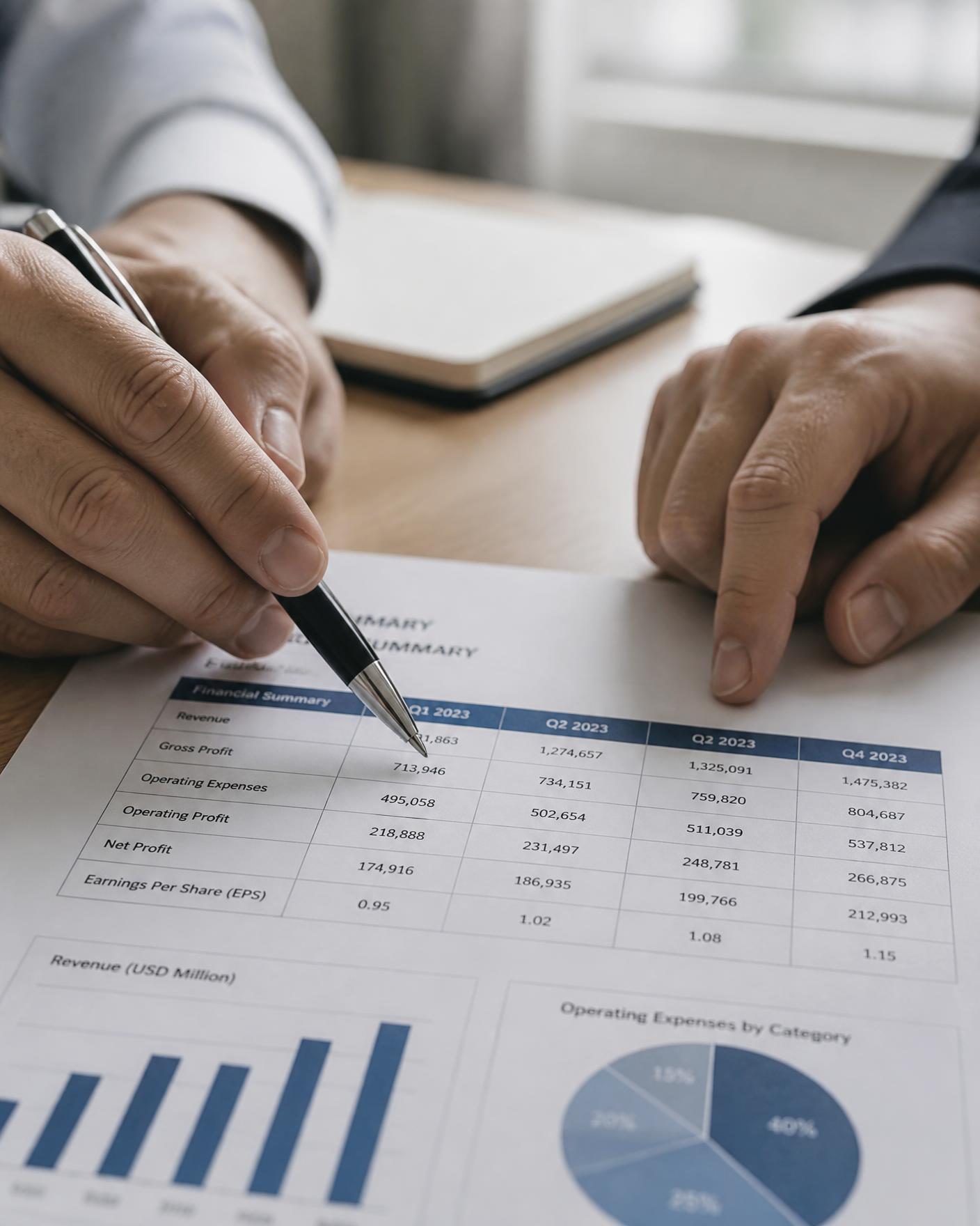 Twee handen wijzen op een gedrukte financiele rapportage
